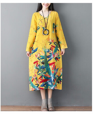 

new national wind long-sleeved loose big yards cotton linen dress dish buckle