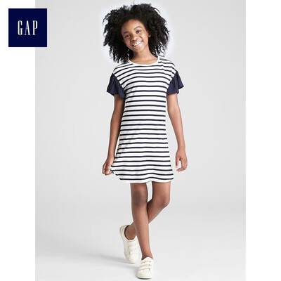 

GAP flagship store girls striped ruffled T-shirt dress 336816 navy blue&white stripes