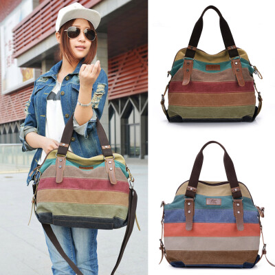 

Retro Men Women Canvas Handbag Color Block Striped Shoulder Bag Crossbody Messenger Bag Tote