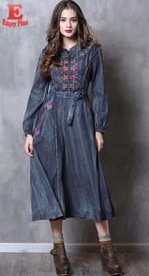 

M L XL vintage cotton new autumn 2018 women long maxi jeans dress long sleeve jeans blue floral embroidery slim mid calf elegant