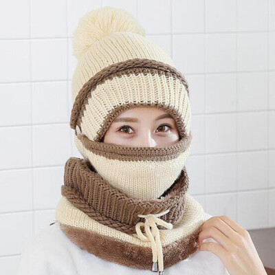 

Fashion Women Winter Beanies Knitted Hat Thickened Woolen Cap with Soft Warm Mask&Neck Scarf 3 Pieces Set