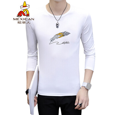 

Scarecrow MEXICAN long-sleeved T-shirt male Korean version of Slim fun fashion casual personality trend versatile comfortable classic print round neck base t-shirt clothes mens white