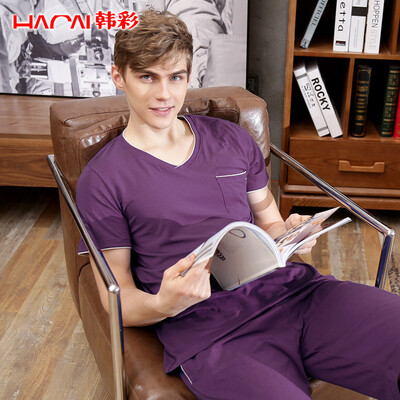 

Han Cai pajamas mens short-sleeved shorts mens modal casual V-neck pajamas sleep pants mens home service suit dark purple
