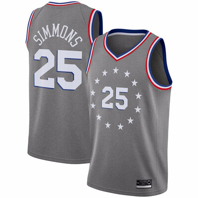 

2019 New Mens Philadelphia 76ers 25 Ben Simmons Red White Gray Blue Basketball Jersey Size S-XXL