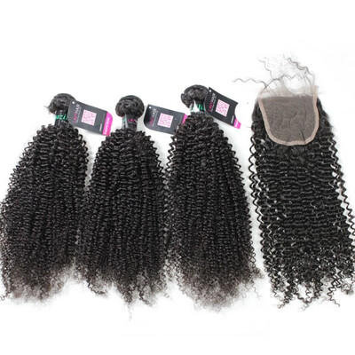 

Superior Grade mix 3 bundles with lace closure Brazilian Kinky Curly Virgin Human hair extensions