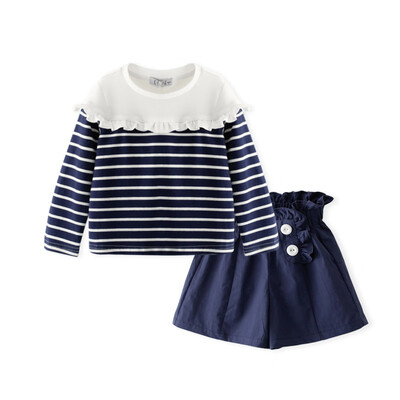 

Cicie self-employed childrens clothing girls set striped stitching T-shirt solid color shorts girls two-piece C91038 navy blue 11052A