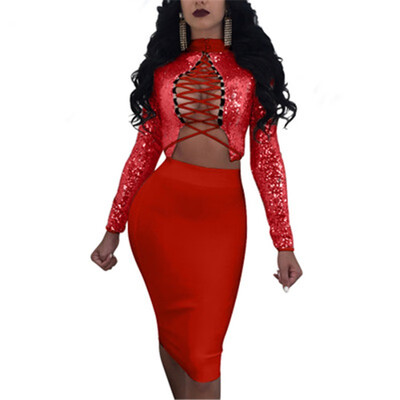 

Sexy sequins for large size womens dresses in Europe&America in summer two-piece long-sleeved dresses for night clubs