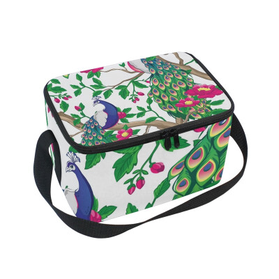 

ALAZA Insulated Lunch Box Peacock And Pink Flowers Lunch Bag for Men Women Portable Tote Bag Cooler Bag