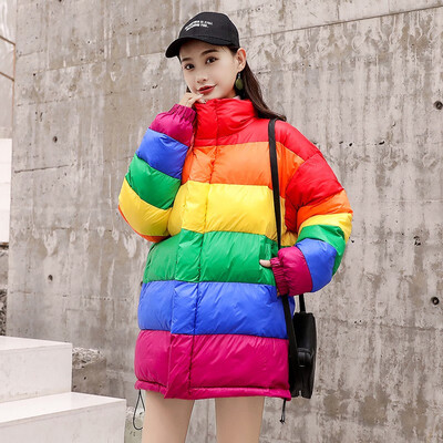 

2018 winter new web celebrity loose-fitting&light love outfit in a long rainbow cotton thickened fashion jacket