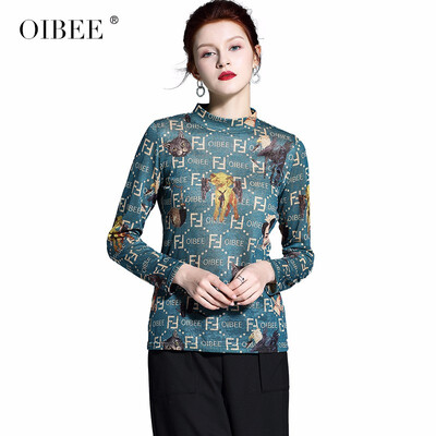 

OIBEE2019 spring&autumn new fashion printing letter T-shirt half-high collar long-sleeved bottoming shirt loose large size shi
