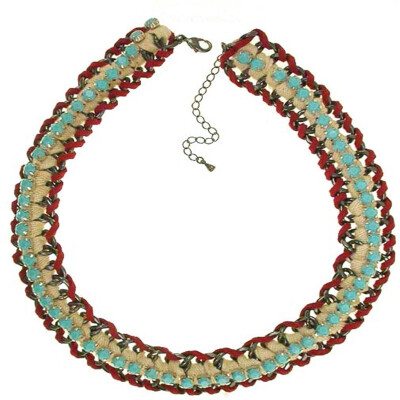 

ETONG Fashion necklace with turquoise acrylic stone with red lether&white cotton