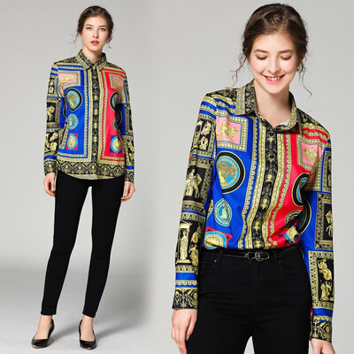 

L XL XXL vintage new spring 2019 women blouse shirt long sleeve black gold digital print office top lady