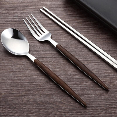 

Wood Grain Stainless Steel Western Food Tableware Portable Steak Cut&Fork Set 3pcs Dinnerware Kit