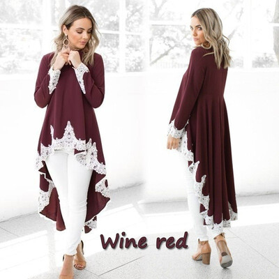

2018 Plus Size Women Ruffle High Low Symmetrical Long Sleeve Casual Loose Tops Blouse Trim Lace Shirt Dress Dovetail Hem T-Shirt