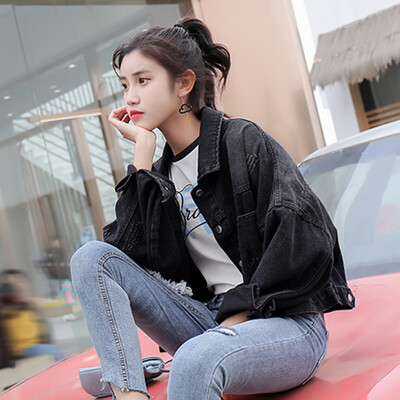 

JOY OF JOY Jingdong womens 2019 new Korean bf student short embroidery denim jacket female loose spring&autumn female JWWT191442 black