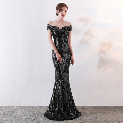 

Sexy Boat Neck Mermaid Evening Dress Sequin Shining Dress Slim Party Long Women Evening Dress