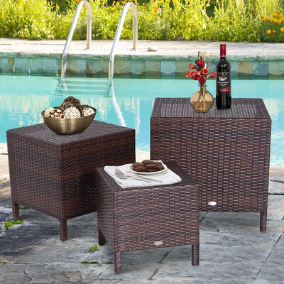 

3 Piece Rattan Wicker Outdoor Compact Nesting Table Patio Dining Set
