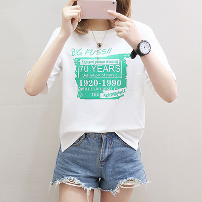 

Long Yue womens 2019 summer new Korean letter printing round neck loose short-sleeved T-shirt female LWTD191538 white