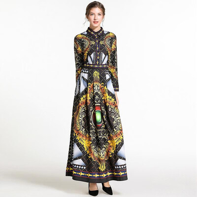 

M L XL XXL vintage new spring 2019 long maxi dress women long sleeve black gold digital print slim A line ankle length elegant