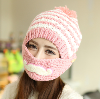 

New Korean version with velvet warm moustache mask Thickened knitted hat Ladies winter wool cap