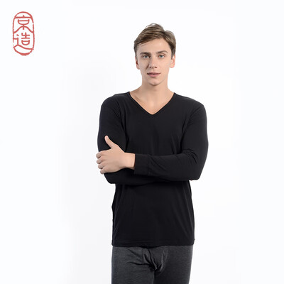 

JZAO mens thermal underwear heating fiber thin section Slim long-sleeved T-shirt black V-neck L code