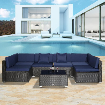 

7 Piece Wicker Rattan Sofa Sectional Outdoor Patio Furniture Set- Blue