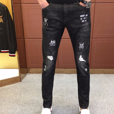 

2019 Early Spring Jeans Harajuku Mens Black Youth Personality Needle Slip Broken Caverns Wash Body Slacks