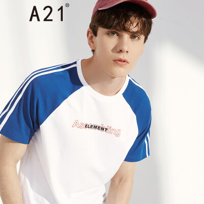 

Pure online brand A21 summer 2019 new mens round neck short-sleeved T-shirt wild casual letter printing mens short T-shirt R492131034 blue 18596AXXL