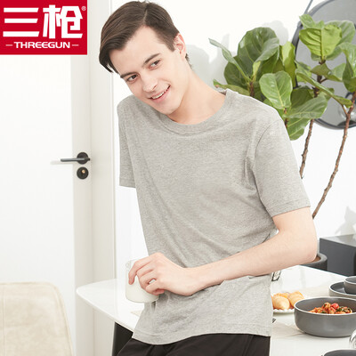 

Three guns&three guns mens T-shirt 2019 spring&summer new soft cotton round neck bottoming short sleeve loose breathable cotton mens sweatshirt light gray