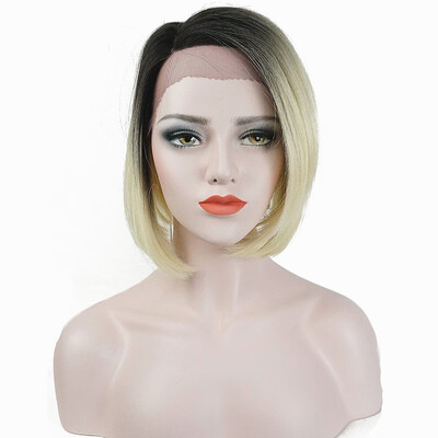 

StrongBeauty Bob Lace Front Wig with  Part Lace Wig Ombre Blonde Black Root Hand tied Invisible Synthetic Straight Wigs