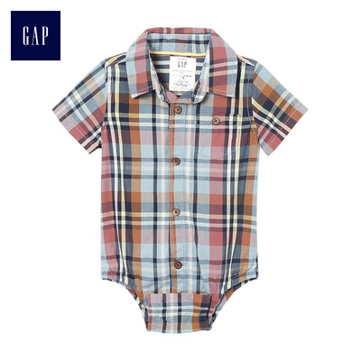 

GAP flagship store childrens clothing baby boy cotton cute plaid short sleeve jumpsuit 336508 retro navy blue 18-24M