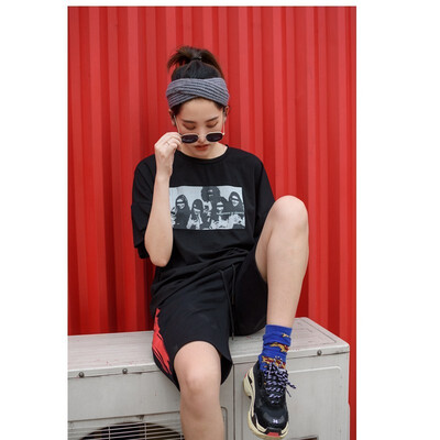 

Spring&summer new couple European&American classic trend portrait off shoulder print womens T-shirt