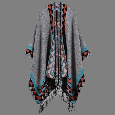 

Boho Women Knitted Shawl Poncho Faux Cashmere Geometric Pattern Tassel Oversized Warm Long Cape