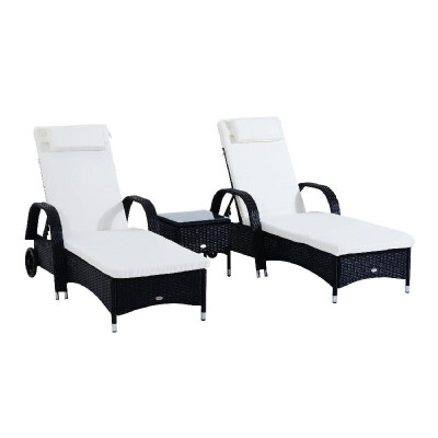 

3 Piece Rattan Wicker Adjustable Chaise Lounge Chair with Wheels Set- BlackWhite - Black