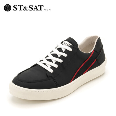 

Saturday Mens Shoes ST&SAT Cow Leather Light Breathable Sports Casual Running Korean Hip Hop Joker White Shoes SS83123222 Black 42