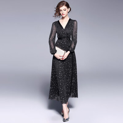 

M L XL beach new spring 2019 long maxi print dress women long sleeve black print vintage ankle length V neck lady