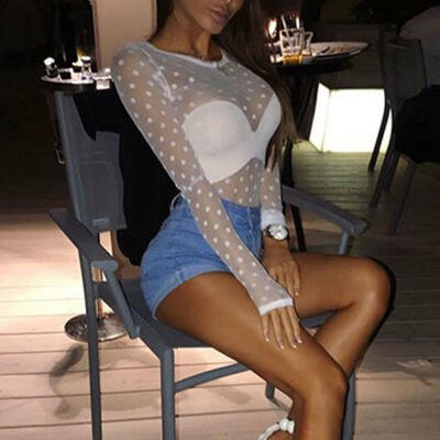 

Sexy Women Polka Dot Transparent Mesh Sheer Crop Top T-Shirt Blouse Tee Tops