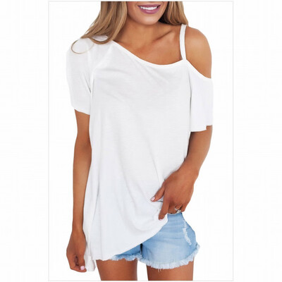 

Unilateral oblique collar short-sleeved solid color loose casual top