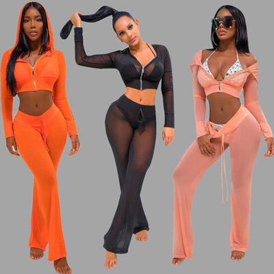 

2Pcs Women Mesh Hoodie Crop Top Leggings Pant SportGymRunYoga Bikini Cover Up