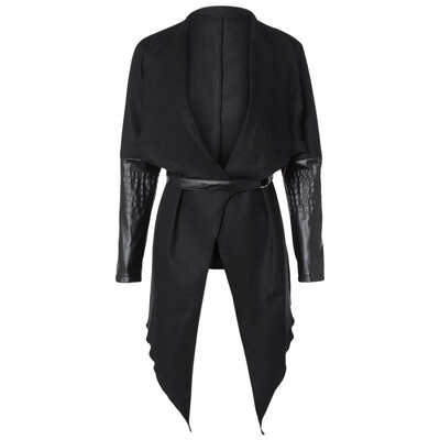 

Long PU Leather Sleeves Patch Wide Lapel Irregular Cardigan Woolen Woman Coat