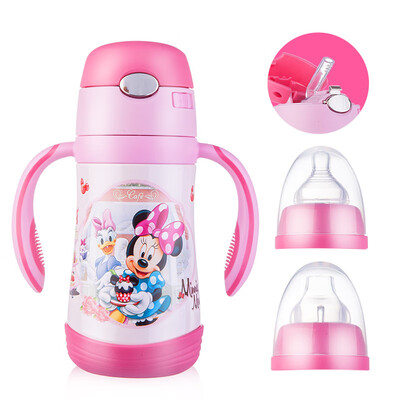 

Disney Childrens Sippy Cup Baby Learning Cup Baby Double Handle Insulation Cup Gravity Ball Duckbill Cup Bottle Straw Three with Pink Minnie 320ml