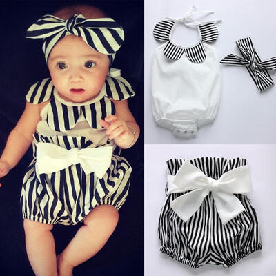 

Newborn Kids Baby Girl Clothes TopsStriped ShortsHead Band 3pcs Outfits Set