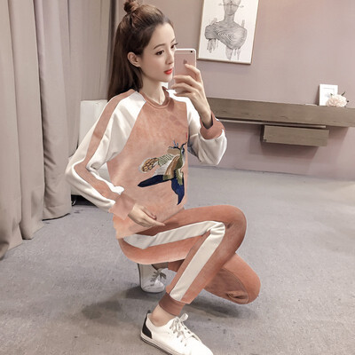 

The 2018 winter wear new Korean version of the extra pile&thick leisure sportswear bodysuit two-piece golden fleece set