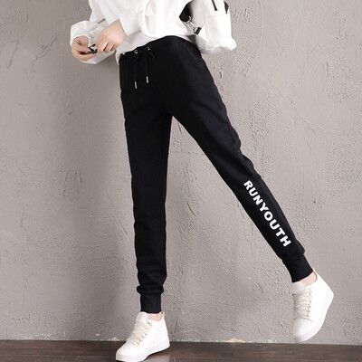 

Her pool 2018 autumn new womens lace with letters decorated feet temperament long casual pants T83H2031A10M black M
