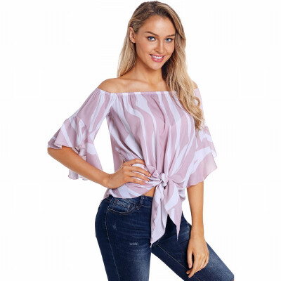 

One-neck trumpet seven-point sleeve vertical striped casual top