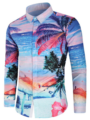 

Sea Beach Scenery Print Cover Button Shirt