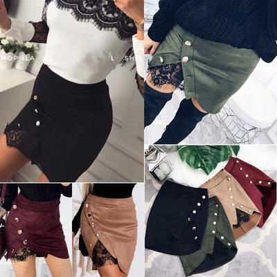 

Women Ladies High Waisted Lace Up Pencil Skirt Bodycon Suede Leather Mini Skirt Club Dress