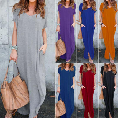 

UK STOCK Womens T-Shirt Long Maxi Dress Split Evening Party Shirt Dress Summer