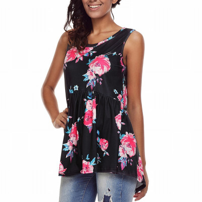 

Round neck sleeveless floral print short short long casual straight top