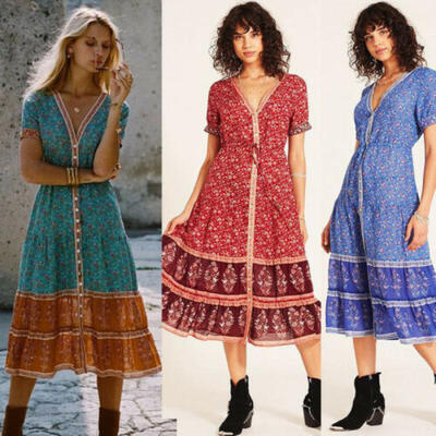 

Women Boho Floral Long Maxi Dress Evening Party Beach Dresses Casual Sundress US